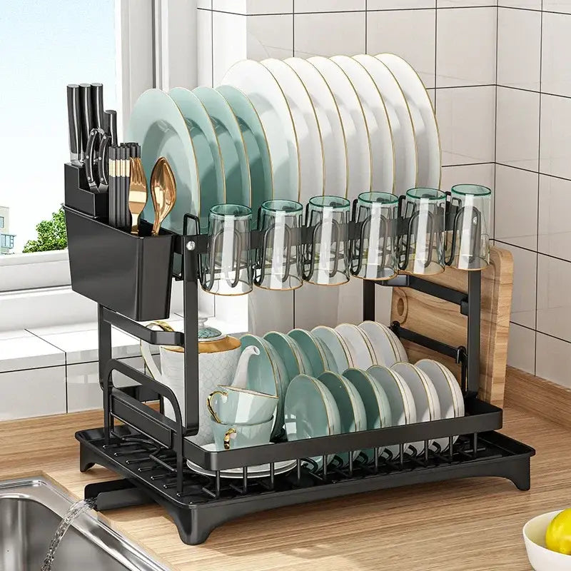 Modern two tier black metal dish drainer rack with integrated knife block and glass cup holders for kitchen organization