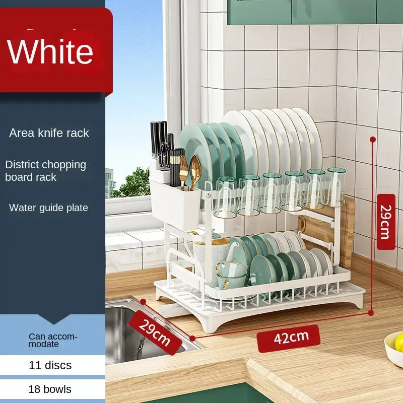 Modern two tier black metal dish drainer rack with integrated knife holder and chopping board support in white plastic