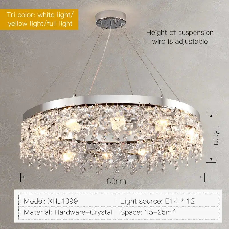 Modern two tier chrome decorbites crystal chandelier with clear droplets and adjustable suspension for living rooms up to 25 sqm