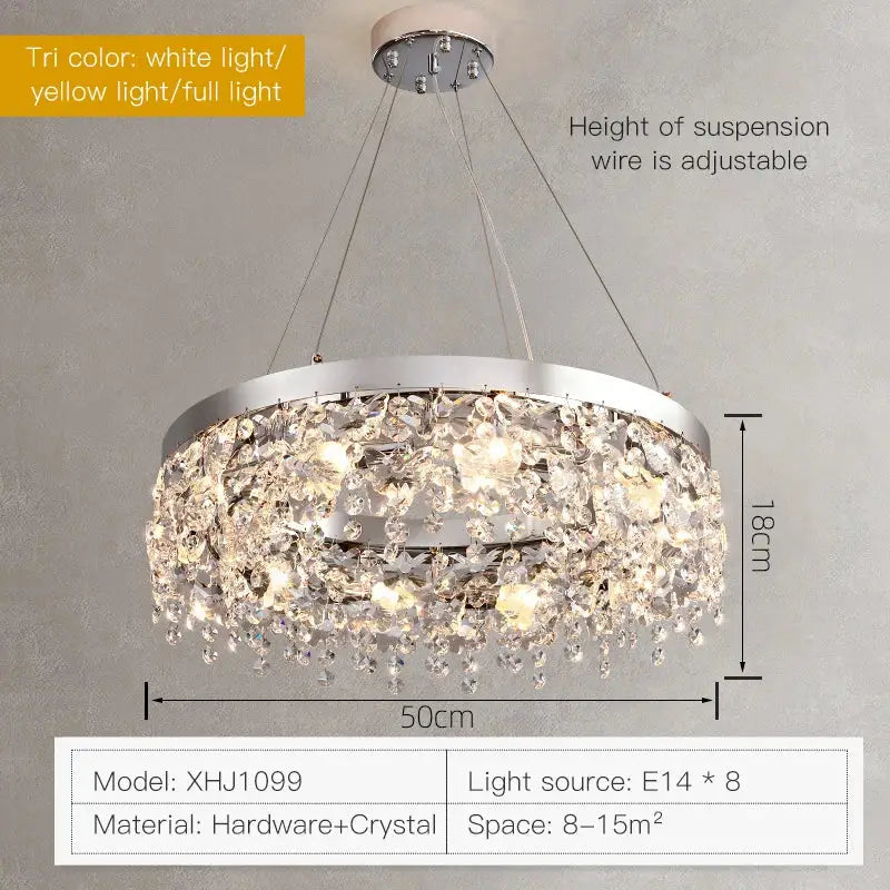 Modern two tier chrome decorbites crystal chandelier with cascading droplets and adjustable suspension wires for living room light