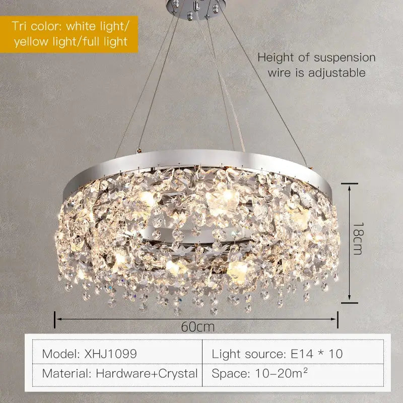 Modern two tier chrome decorbites crystal chandelier with adjustable suspension wires and cascading clear crystal droplets
