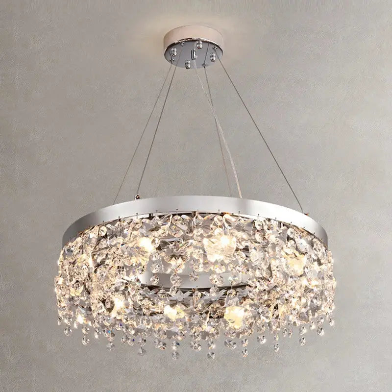 Modern two tier decorbites crystal chandelier with chrome frame and cascading clear crystal droplets for living room light