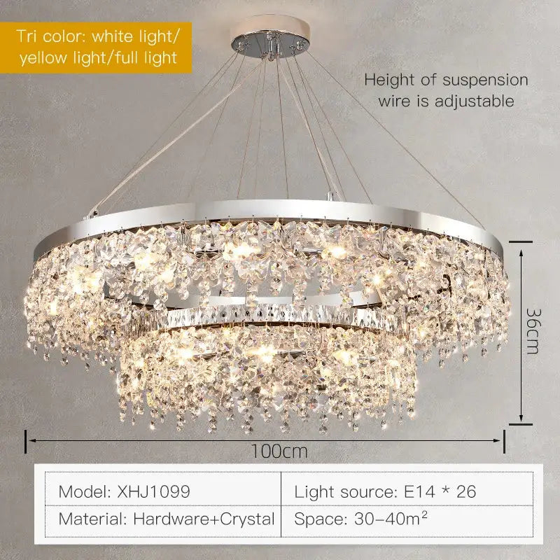 Modern two tier chrome decorbites crystal chandelier with cascading clear crystals for living room lighting