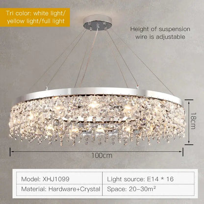 Modern two tier chrome decorbites crystal chandelier with cascading droplets and adjustable height for living rooms 20-30 sqm