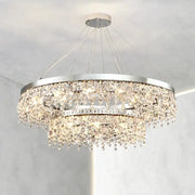 Modern two tier chrome decorbites crystal chandelier with cascading clear crystals for living room lighting