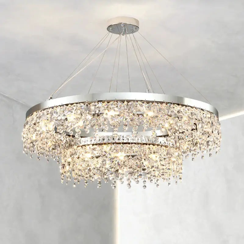 Modern two tier chrome decorbites crystal chandelier with cascading clear crystals for living room lighting