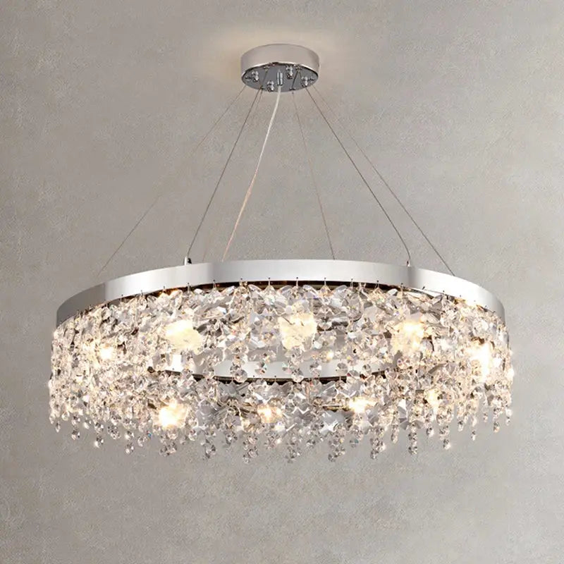 Modern two tier chrome decorbites crystal chandelier with polished frame and cascading clear crystal droplets for living room light