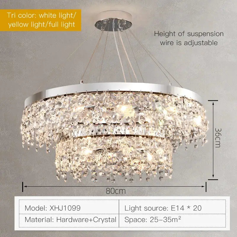 Modern two tier chrome decorbites crystal chandelier with cascading clear crystals and adjustable suspension height for living room lighting