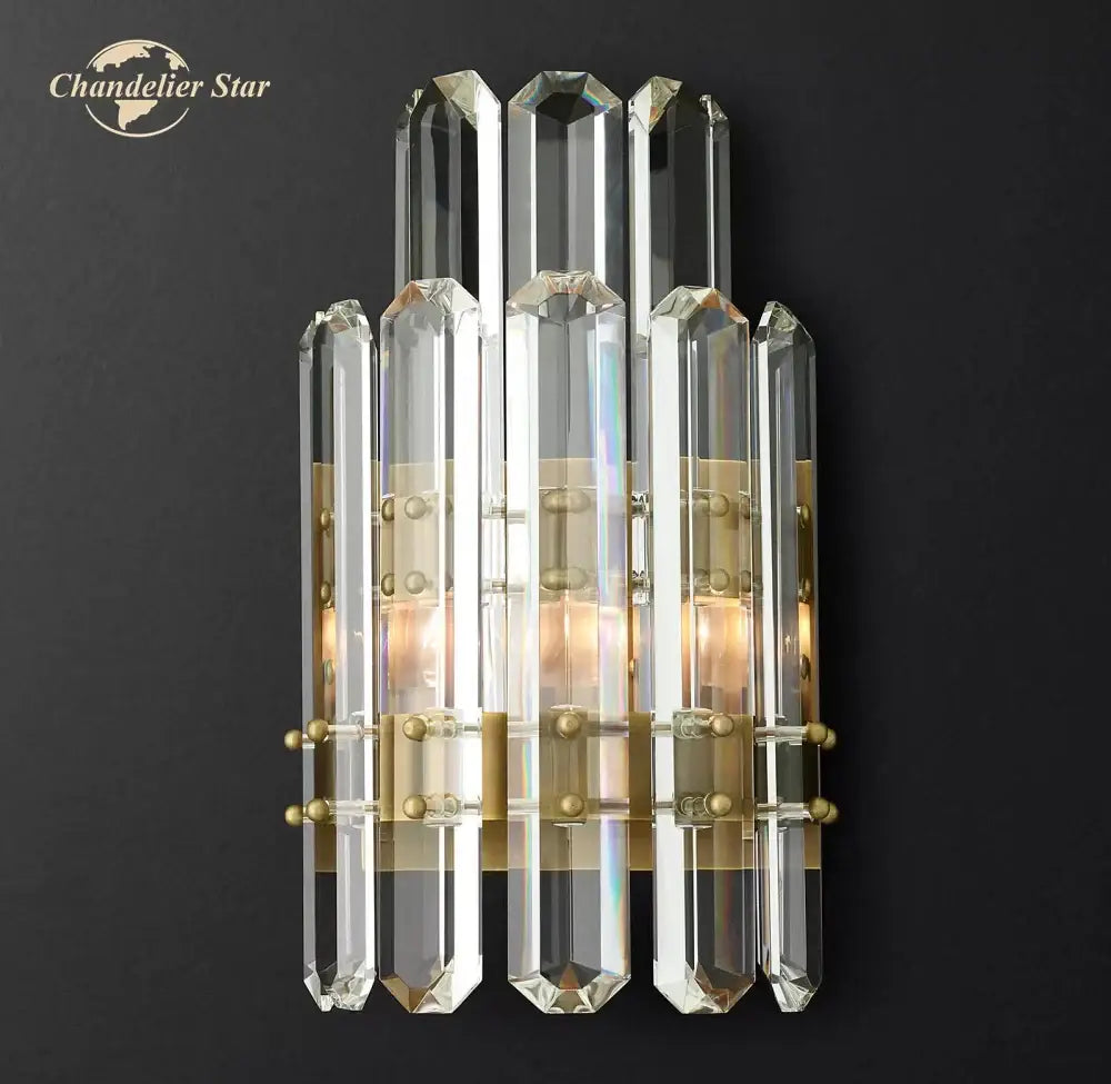 Modern two tier crystal led wall sconce with clear prism and gold metal accents for bedroom decorbites crystal led wall