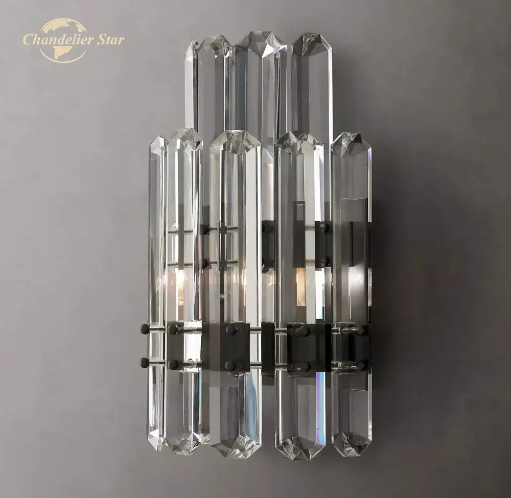 Modern two tier crystal led wall sconce with faceted clear glass rods and black metal accents for bedroom decorbites crystal led