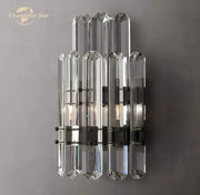 Modern two tier crystal led wall sconce with faceted clear glass rods and black metal accents for bedroom decorbites crystal led