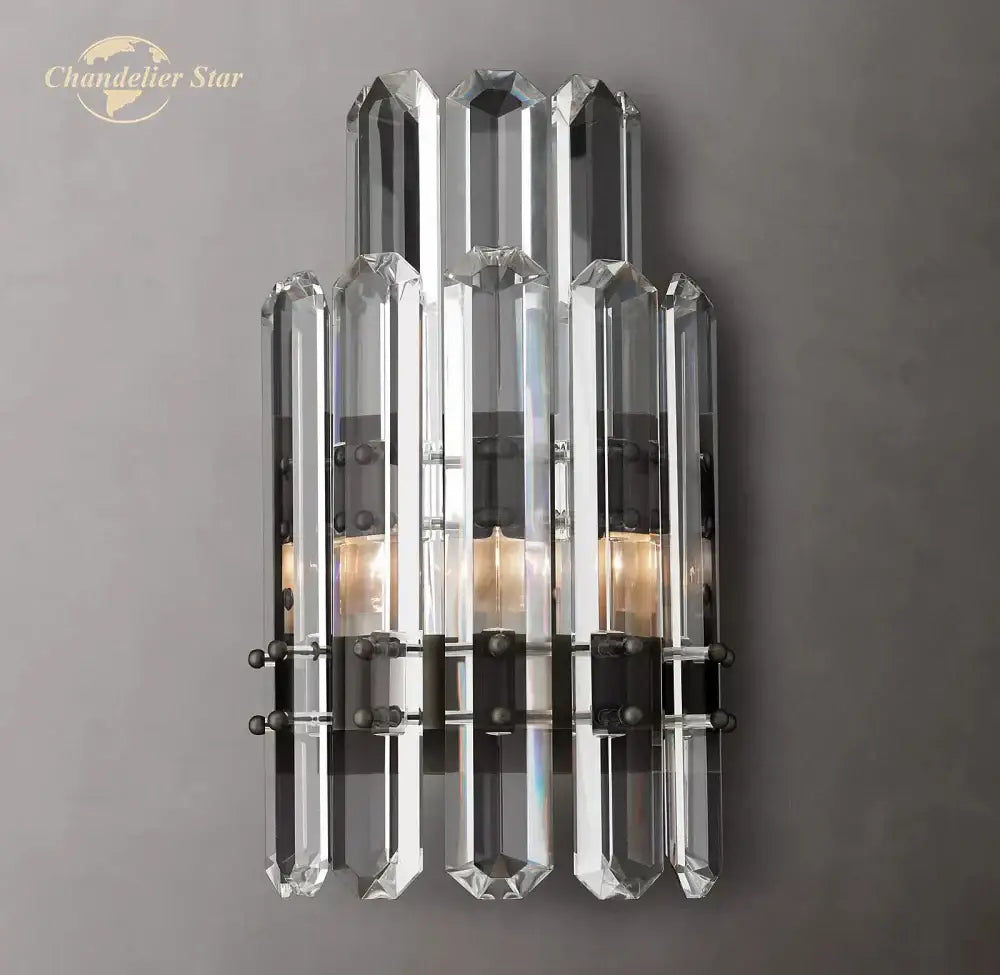Modern two tier crystal led wall sconce with faceted clear glass rods and black metal accents for bedroom decorbites crystal led