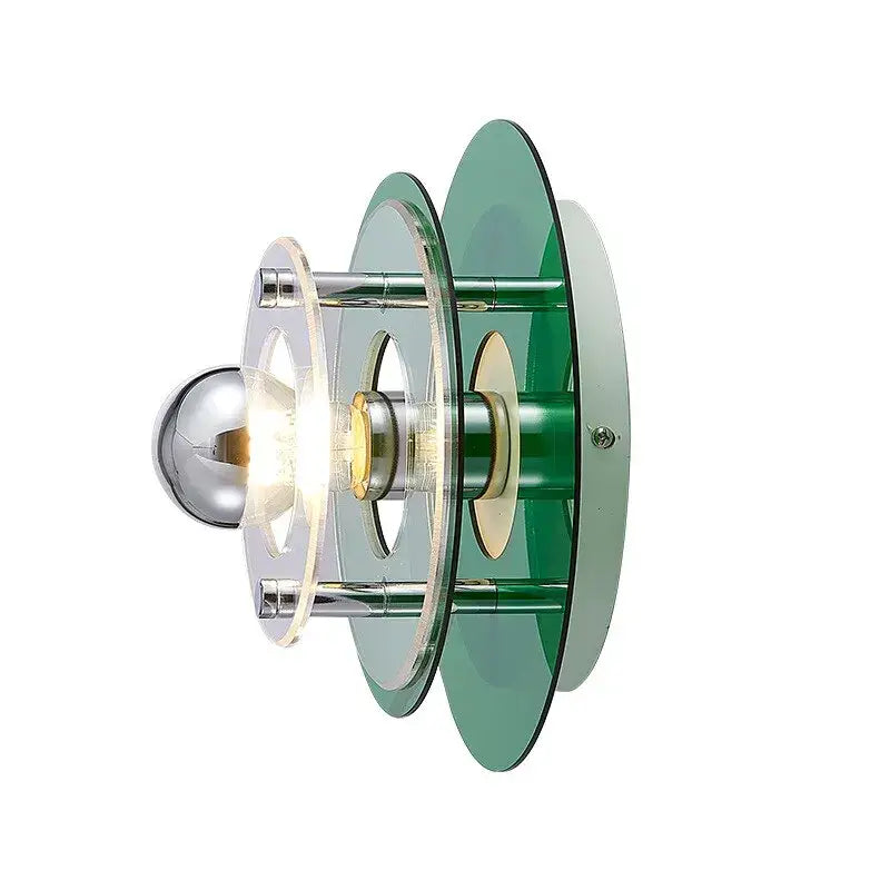 Modern ufo acrylic led wall lamp with green and clear glass tiers and chrome accents for stylish living room decorbites led wall lamp