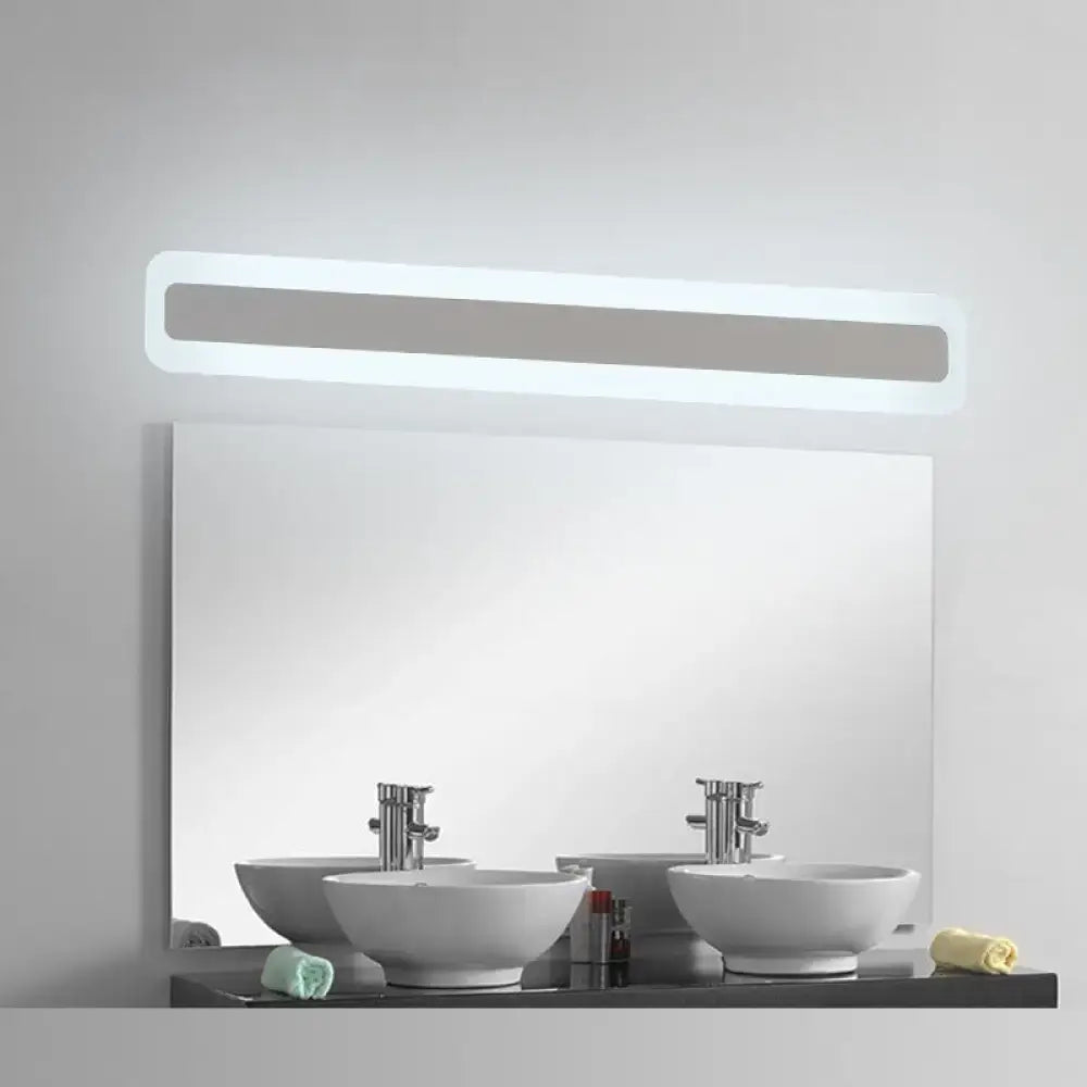 Modern ultrathin bar shaped white led wall sconce with sleek frame and integrated lighting above rectangular mirror