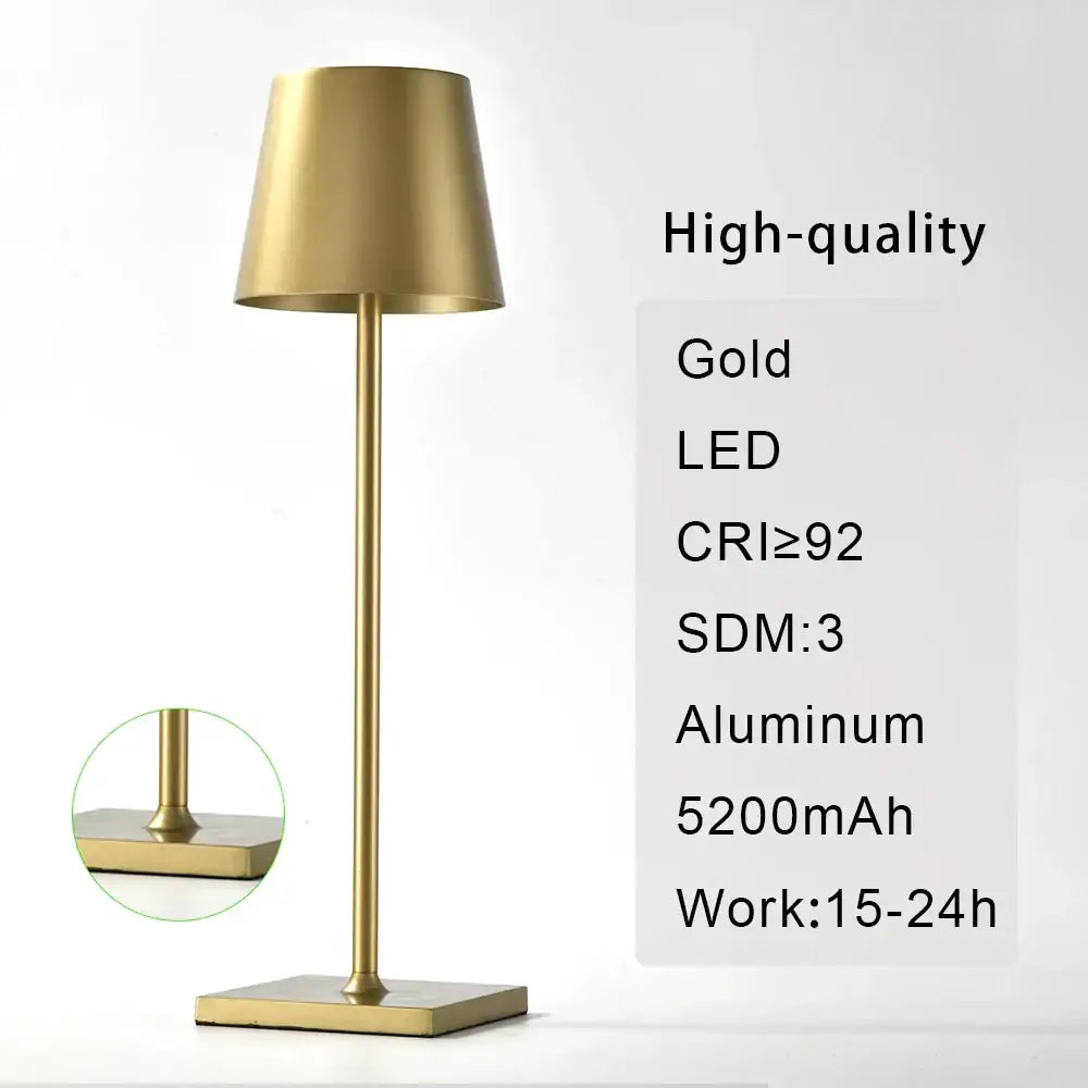 Gold-finished aluminum modern usb rechargeable acrylic table lamp with led lighting for bedroom and living room use