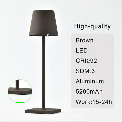 Brown led table lamp with matte finish featuring aluminum base and slender stem usb rechargeable acrylic for bedroom and living room