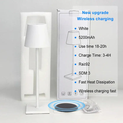 White minimalist usb rechargeable acrylic table lamp with sleek modern design and wireless charging pad for bedroom use