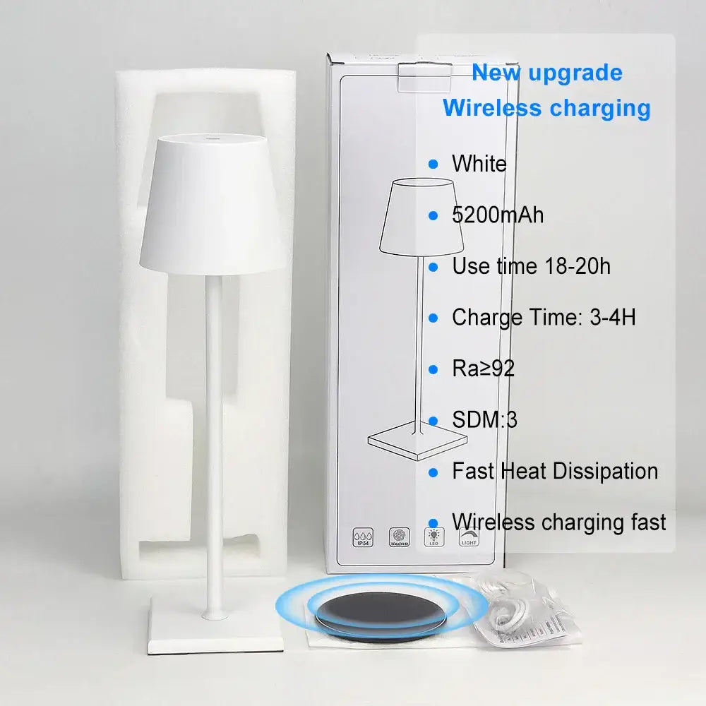 White minimalist plodina usb rechargeable acrylic table lamp with sleek modern design and wireless charging pad for bedroom and living room