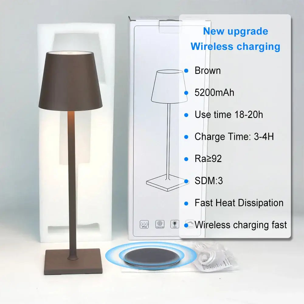 Brown usb rechargeable acrylic table lamp with sleek metallic stand and matching square base for bedroom and living room
