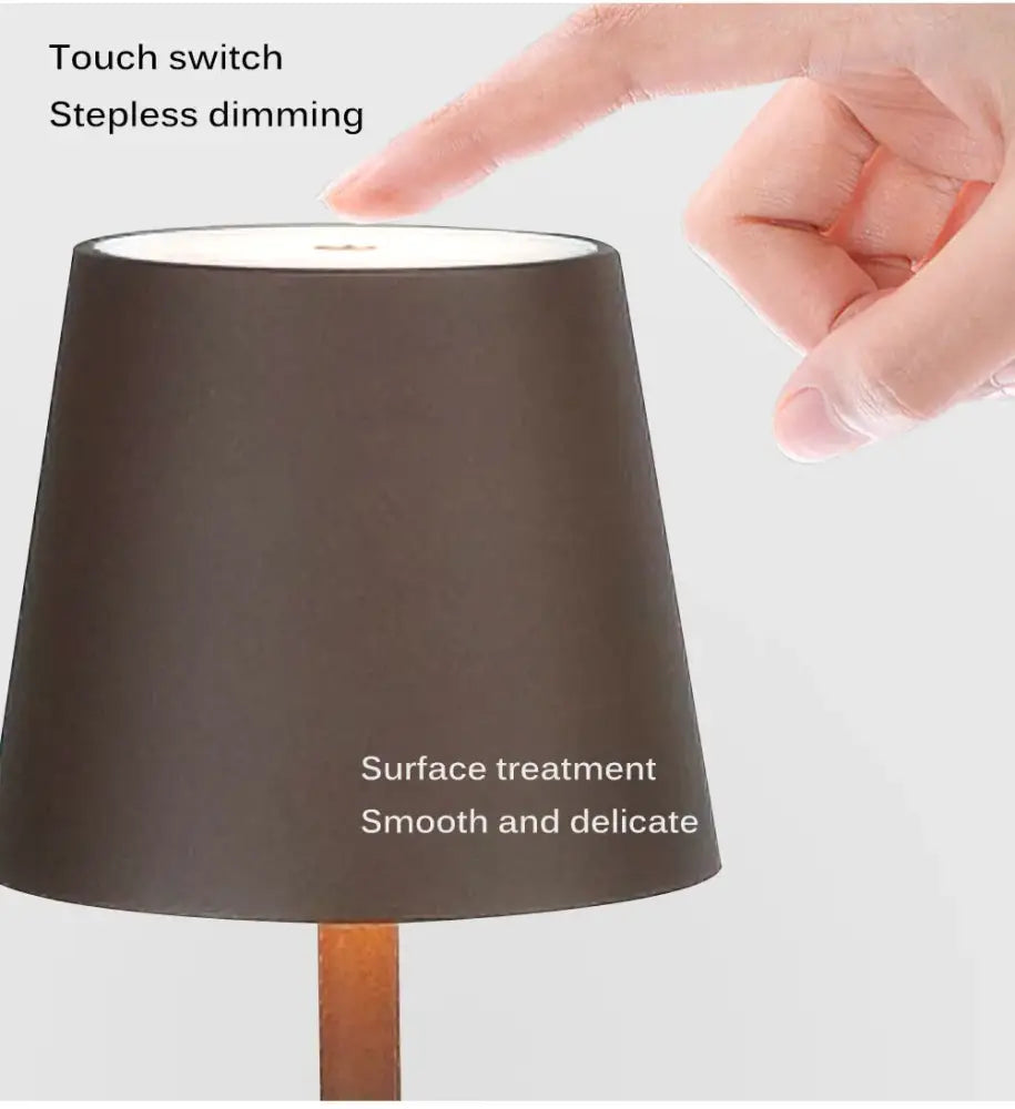 Modern usb rechargeable acrylic table lamp with dark brown matte conical lampshade and wooden base for bedroom and living room