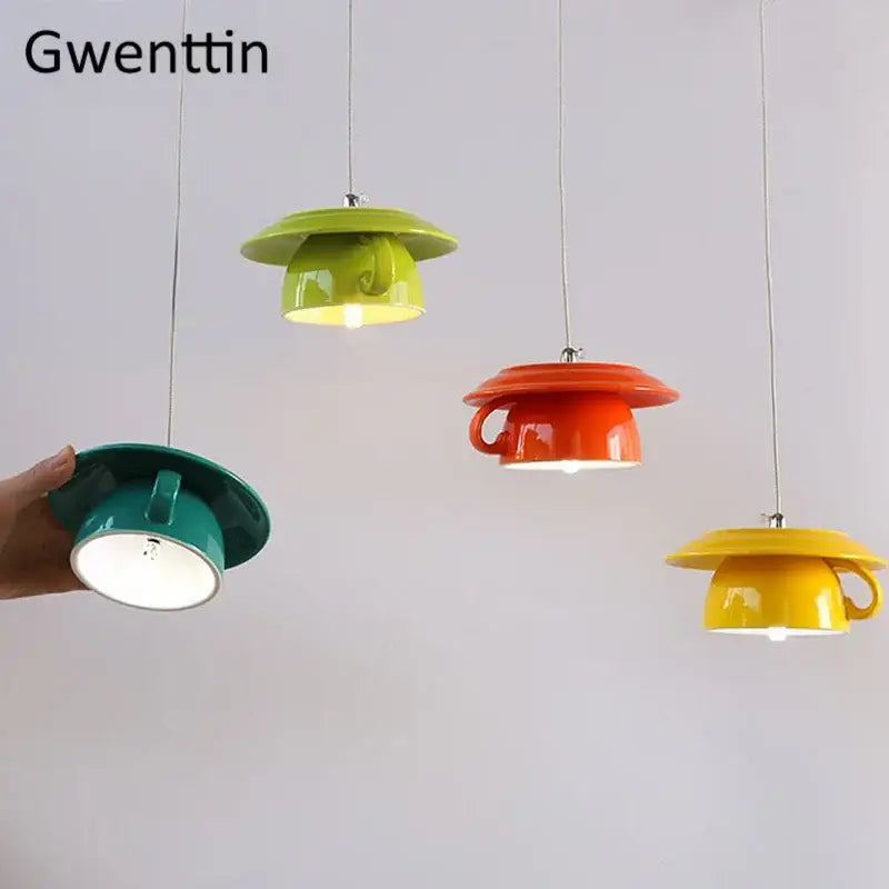 Modern vibrant ceramic cup pendant lights in green orange yellow and teal glossy finish for kitchen decorbites decor
