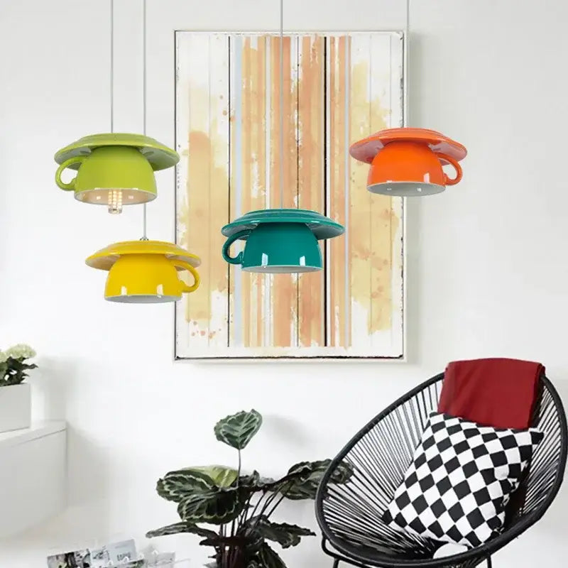 Modern vibrant ceramic cup pendant lights in lime green orange yellow and teal enhance kitchen decorbites ceramic cup decor