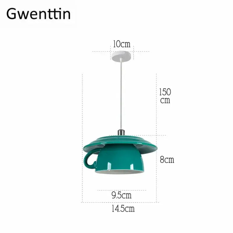 Teal ceramic cup pendant light with glossy finish and metallic rod for modern vibrant kitchen decorbites pendant lights