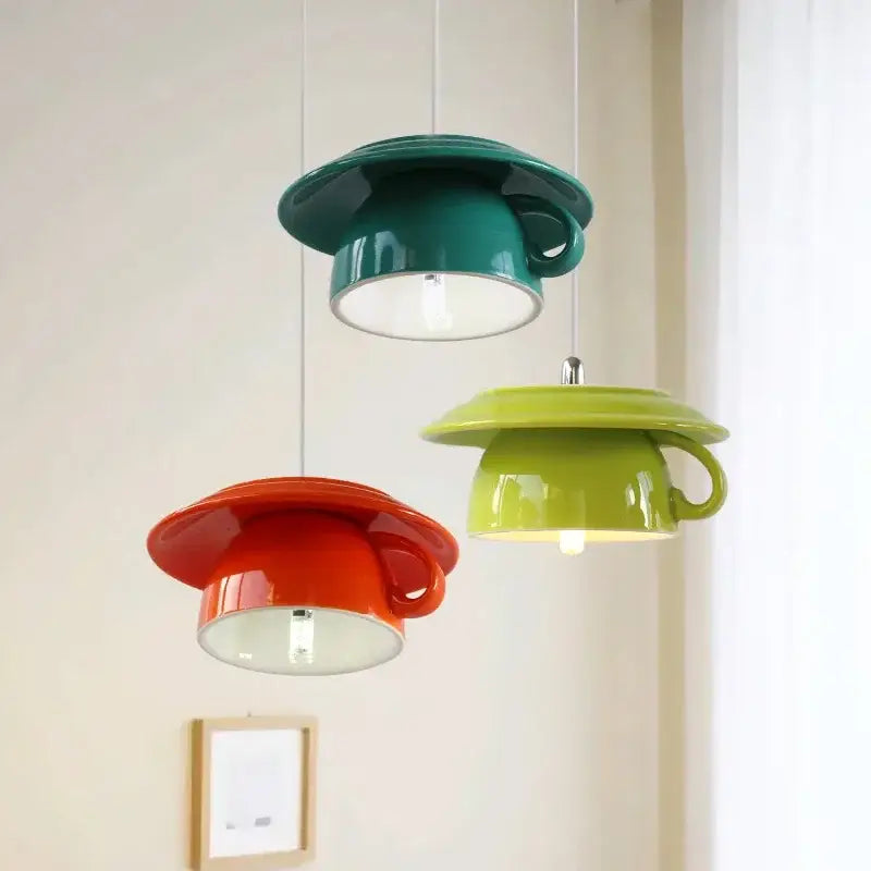 Modern vibrant pendant lights featuring teal lime green and orange glossy ceramic cup pendant decorbites ceramic cup design