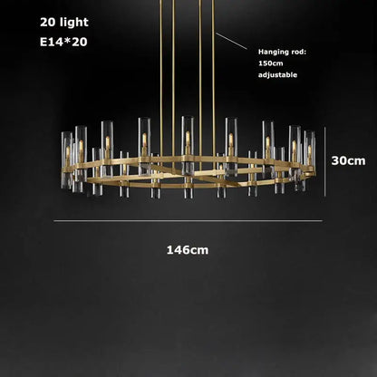 Modern vintage gold 2-layer chandelier lighting with 20 clear glass cylinders for dining room chandelier lighting