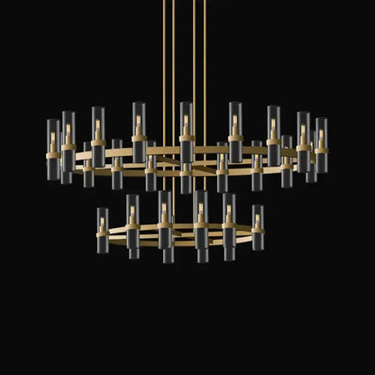 Modern vintage gold 2-layer chandelier lighting with gold-toned metal frames and black glass shades for dining room