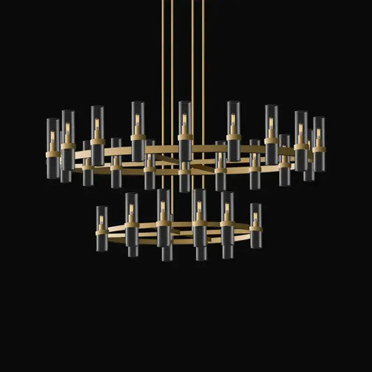Modern vintage gold 2-layer chandelier lighting with gold-toned metal frames and black glass shades for dining room