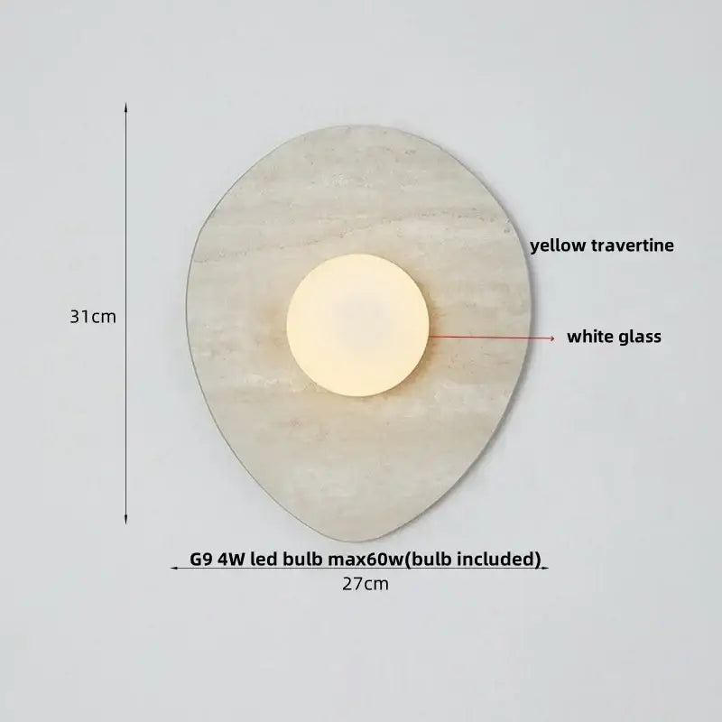 Modern wabi sabi led wall lamp with a circular yellow travertine base and white glass bulb for bedroom lighting