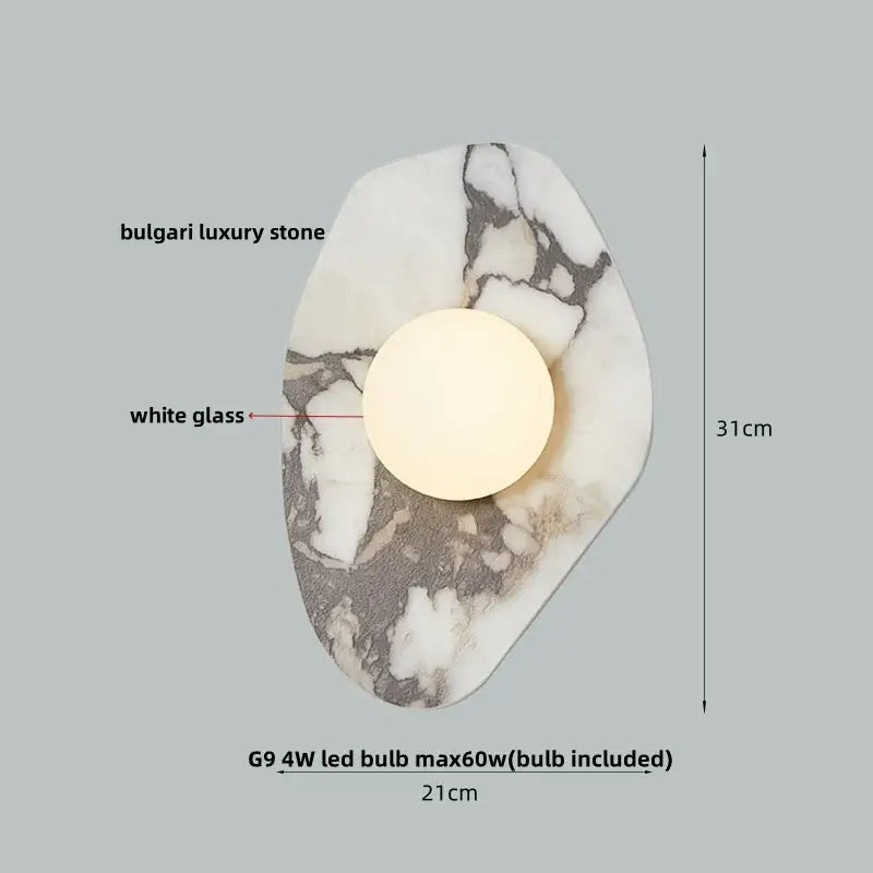 Elegant modern wabi sabi led wall lamp with white glass light and black cream resin stone featuring gray veining