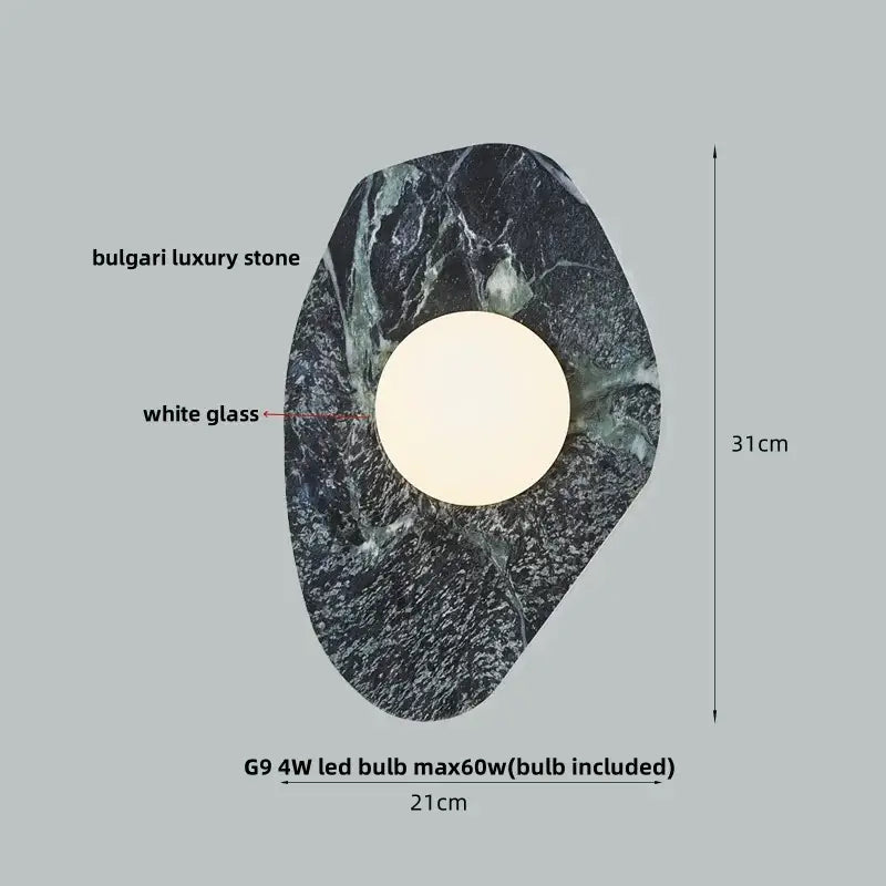 Modern wabi sabi black and cream resin led wall lamp with dark veined bulgari stone shell and white glass circle center