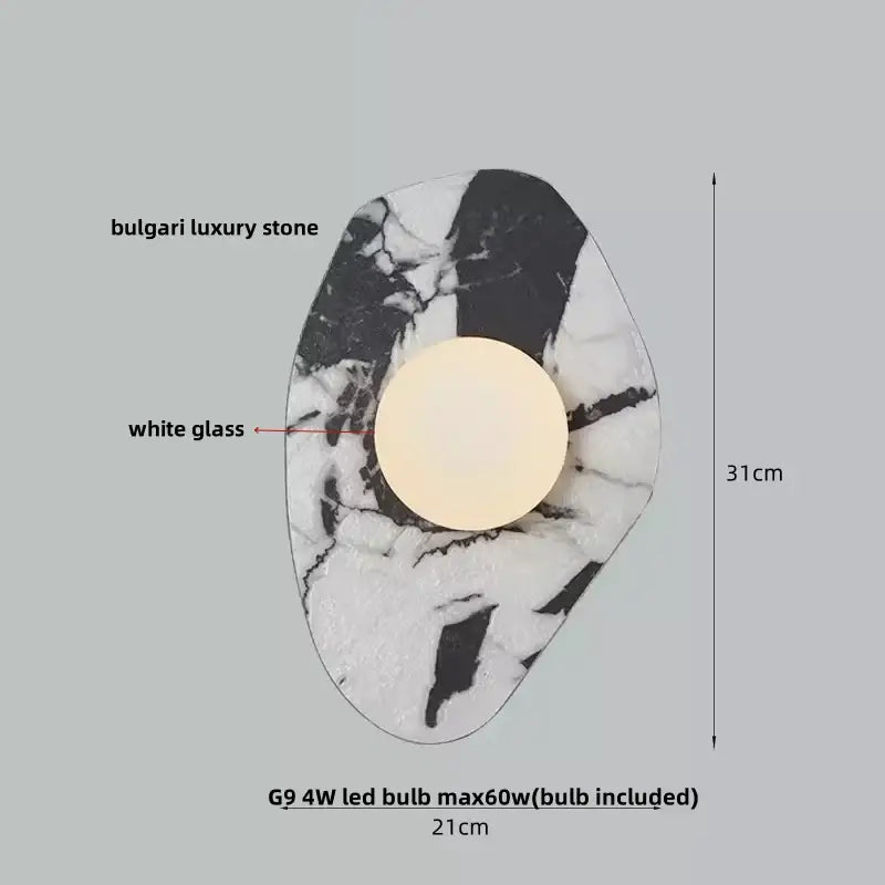 Modern wabi sabi black and cream resin led wall lamp with marbled stone surface and circular white glass panel