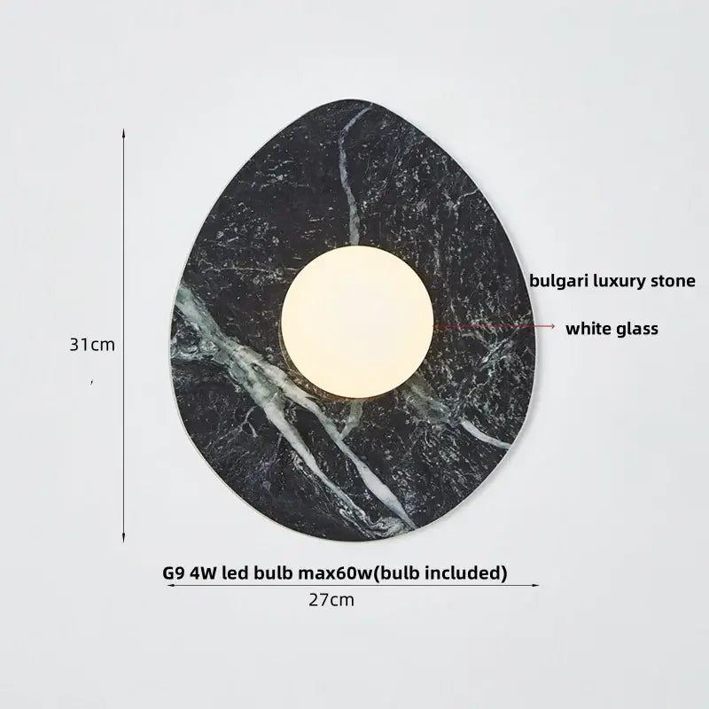 Modern wabi sabi black marble teardrop wall lamp with white glass led bulb for bedroom lighting
