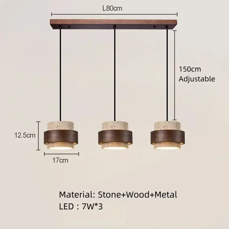 Modern wabi sabi tiered stone pendant light with rustic stone and metal accents in white and gray for dining room use