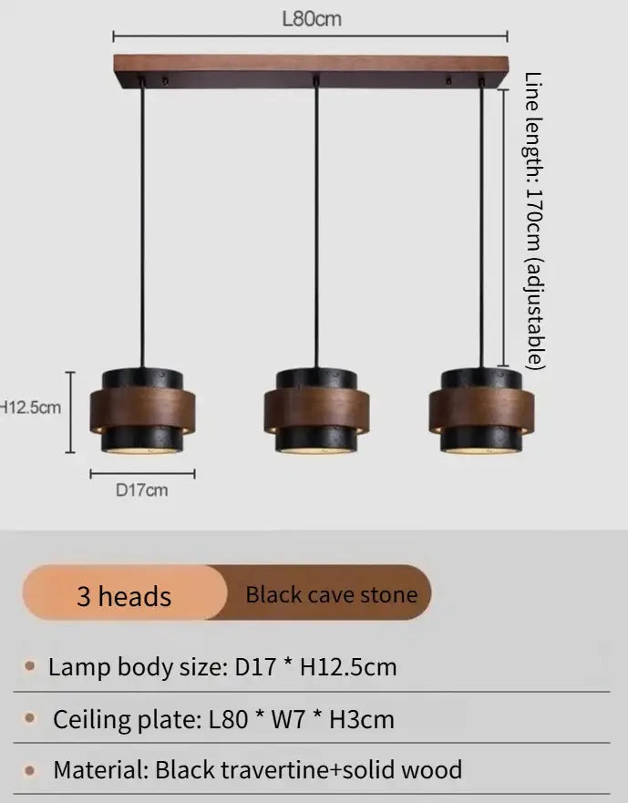 Modern wabi sabi tiered stone pendant light with black travertine, solid wood, and led bulb for dining room use