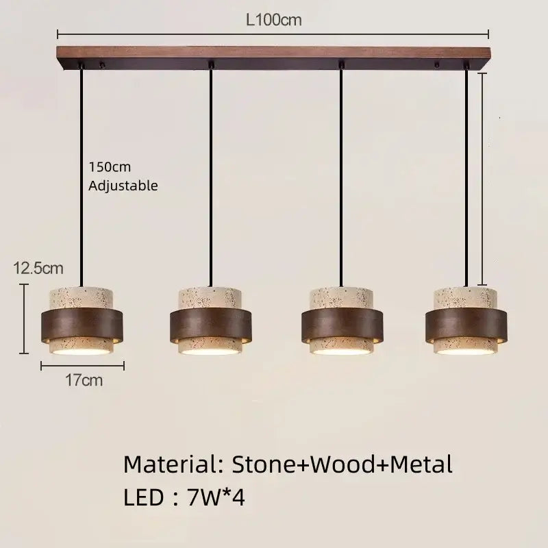 Modern wabi sabi tiered stone pendant light with four cylindrical white and gray stone shades and adjustable black cords