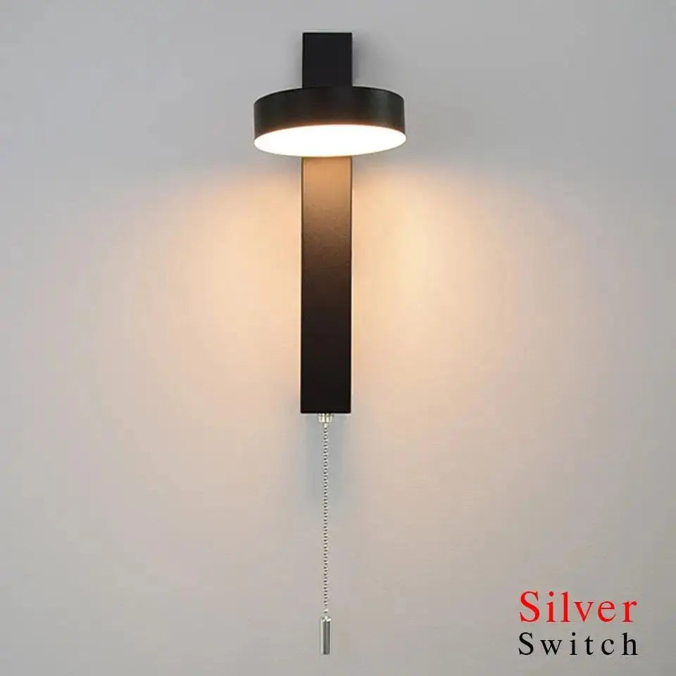Modern wall sconce in black with circular light fixture and silver pull chain switch 350° modern wall adjustable design