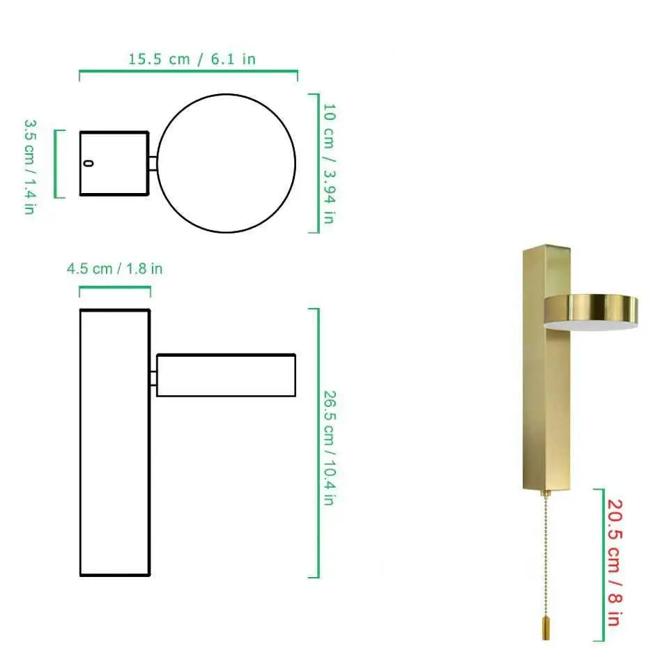 Gold-finished modern wall sconce with cylindrical shade and pull chain 350° adjustable for modern wall sconces lighting