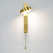 Gold-finished modern wall sconce with sleek rectangular body and angled circular light for 350° adjustable wall sconces
