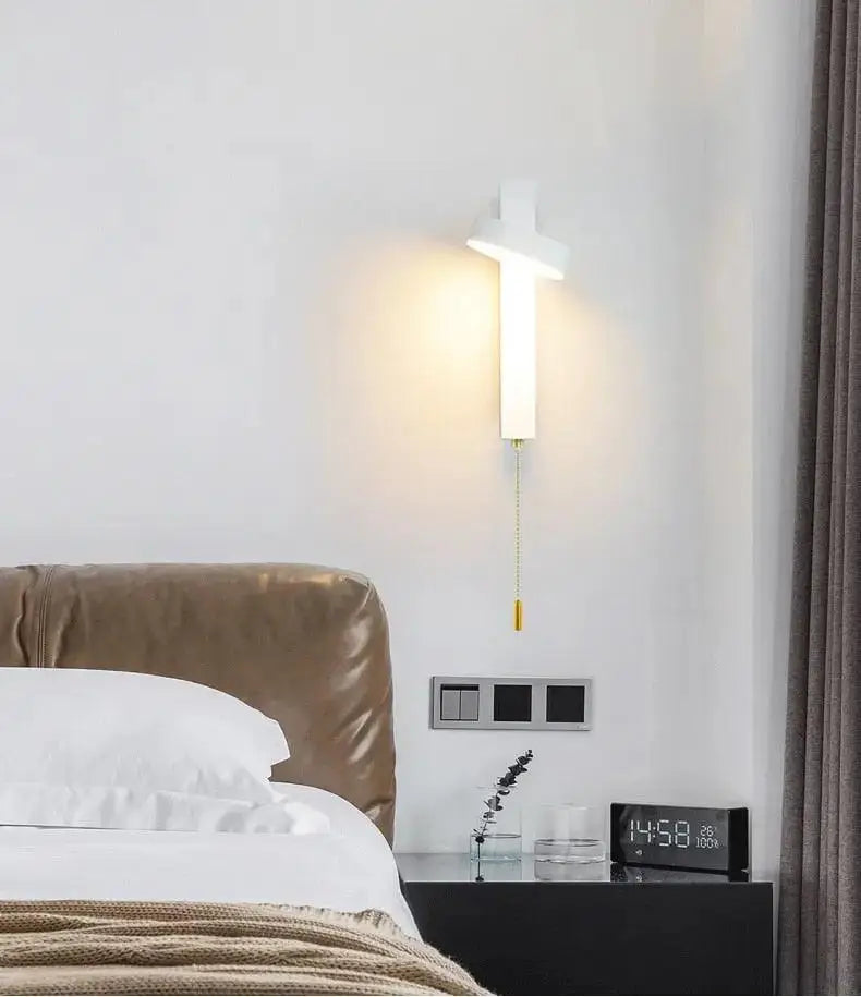 Modern wall sconce in white frosted glass with cross shape and gold pull chain 350° adjustable wall sconces