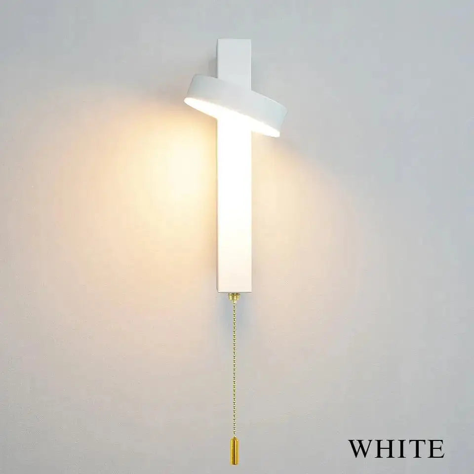White modern wall sconce with sleek minimalist design and gold-toned pull chain for adjustable modern wall sconces