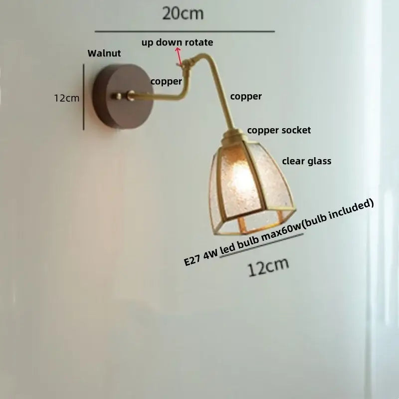 Modern walnut and brass clear glass led wall sconce with copper finish and walnut backplate for elegant stair lighting decorbites clear glass