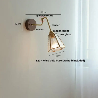 Modern walnut and brass clear glass led wall sconce with copper arm and walnut-finished mounting plate by decorbites clear glass
