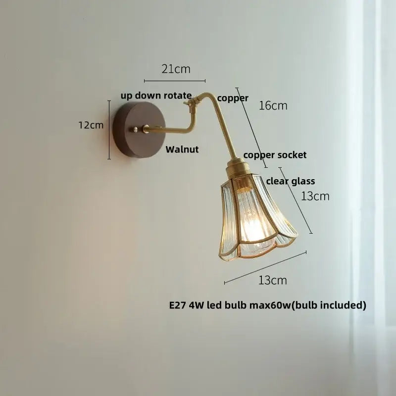 Modern walnut and brass clear glass led wall sconce with copper finish and walnut mounting plate decorbites clear glass design
