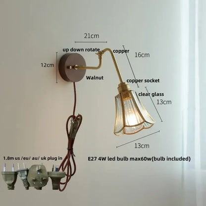 Modern walnut and brass clear glass led wall sconce with copper finish and walnut mounting plate for stair lighting