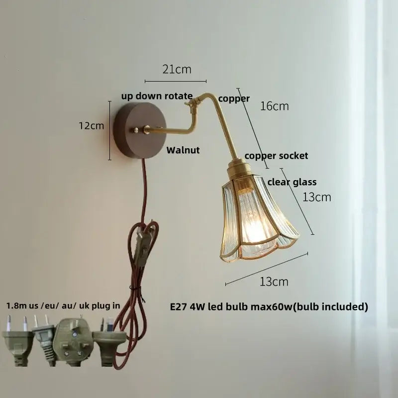 Modern walnut and brass clear glass led wall sconce with copper finish and walnut mounting plate for stair lighting