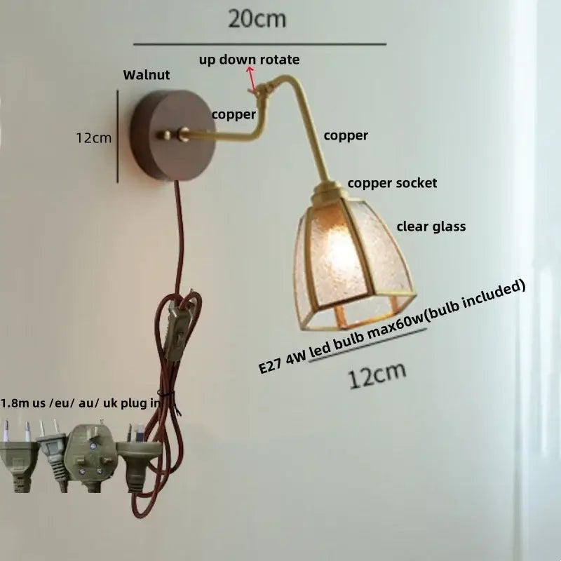 Modern walnut and brass clear glass led wall sconce with copper fixture and walnut-finished mounting plate decorbites clear glass